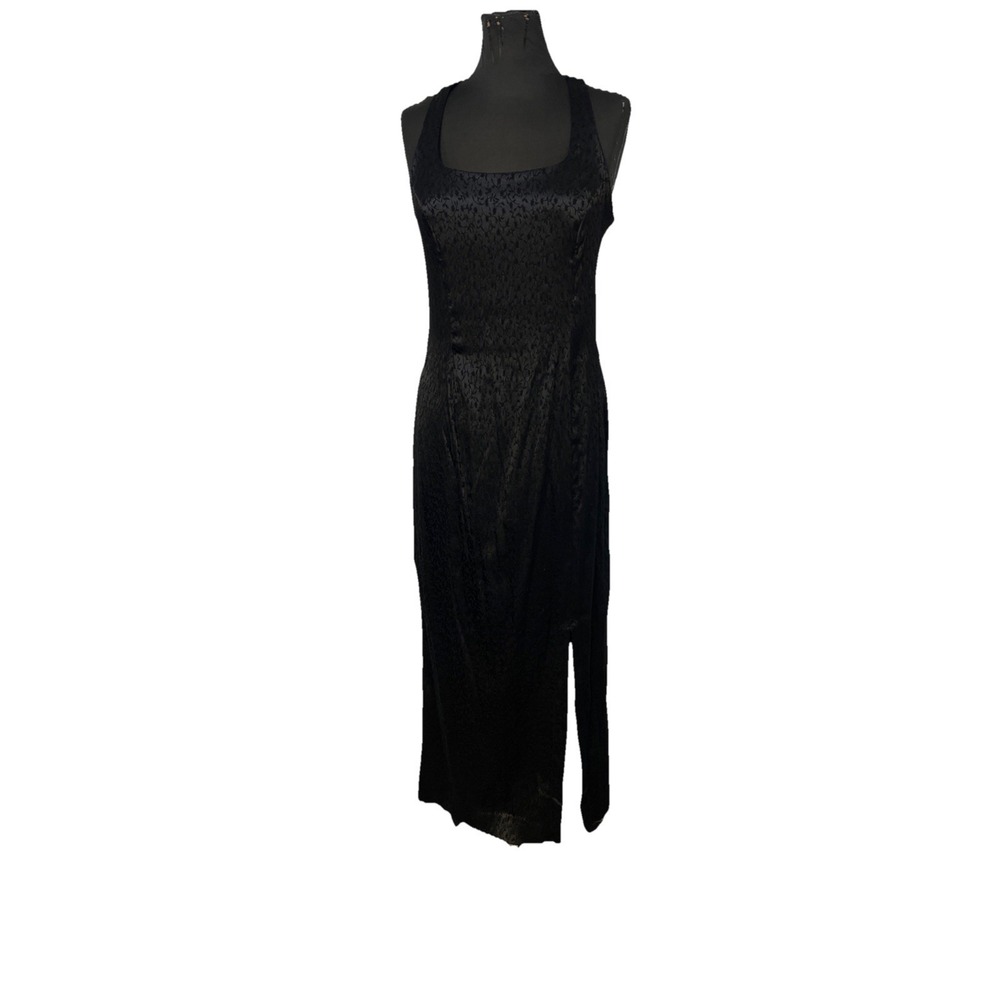 Vtg CDC‎  Floral Satin Formal Maxi Dress Sz 12 Black Elegant Y2K Hight Side Slit